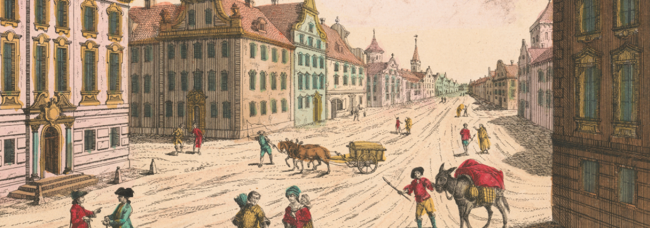 This is a drawing of a main road in colonial Boston.